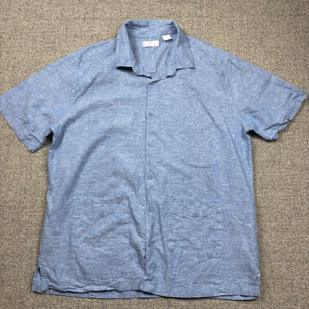 Blue Linen Blend Short Sleeve Guayabera Camp Shirt Cafe Luna Mens Large Resort